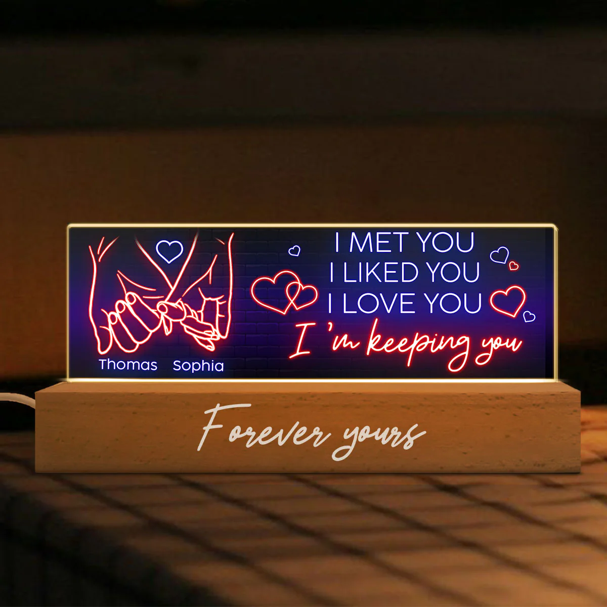I Love You Forever Yours Couple Hand In Hand Outline Anniversary  Gift Personalized Acrylic Block LED Night Light - Image 4