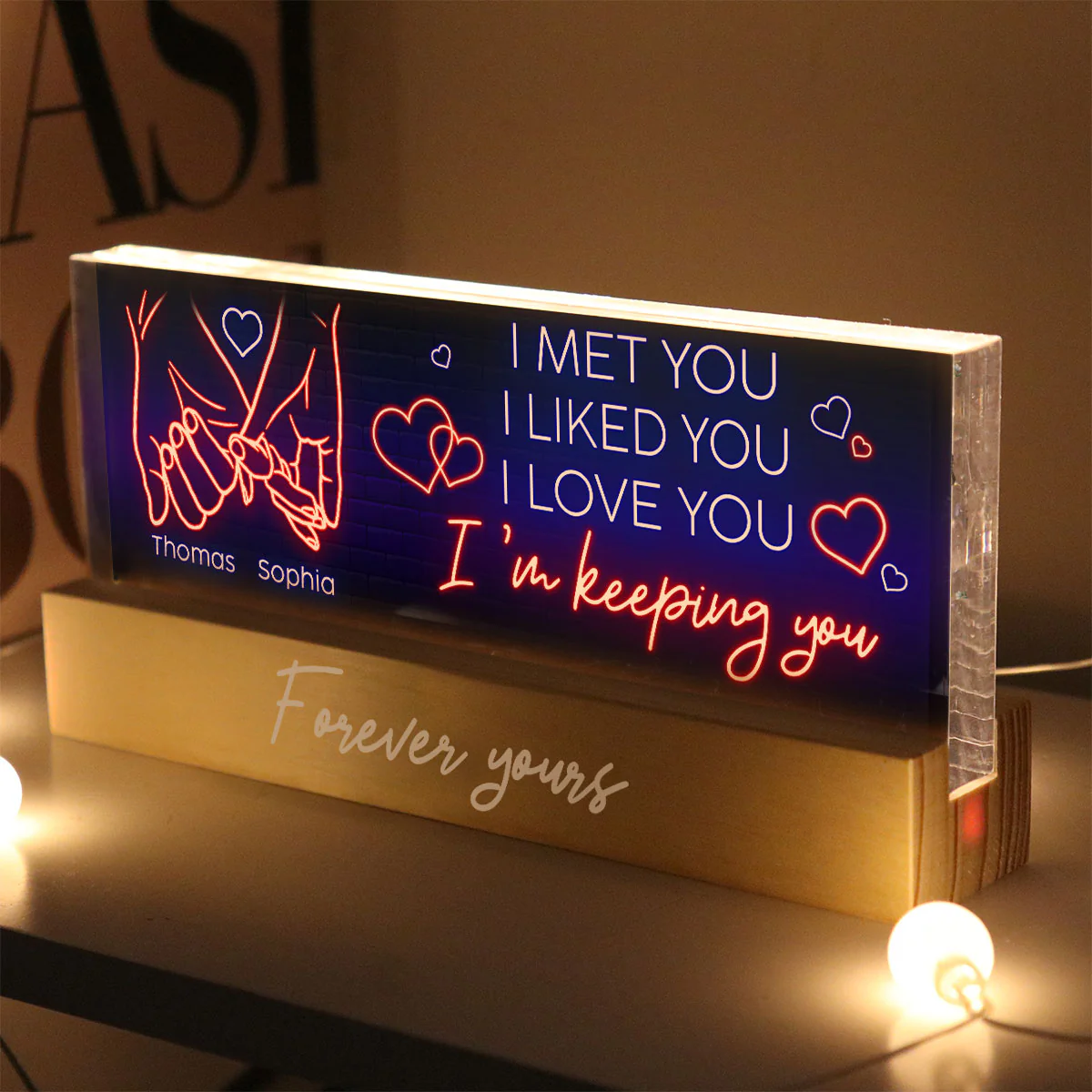I Love You Forever Yours Couple Hand In Hand Outline Anniversary  Gift Personalized Acrylic Block LED Night Light - Image 5