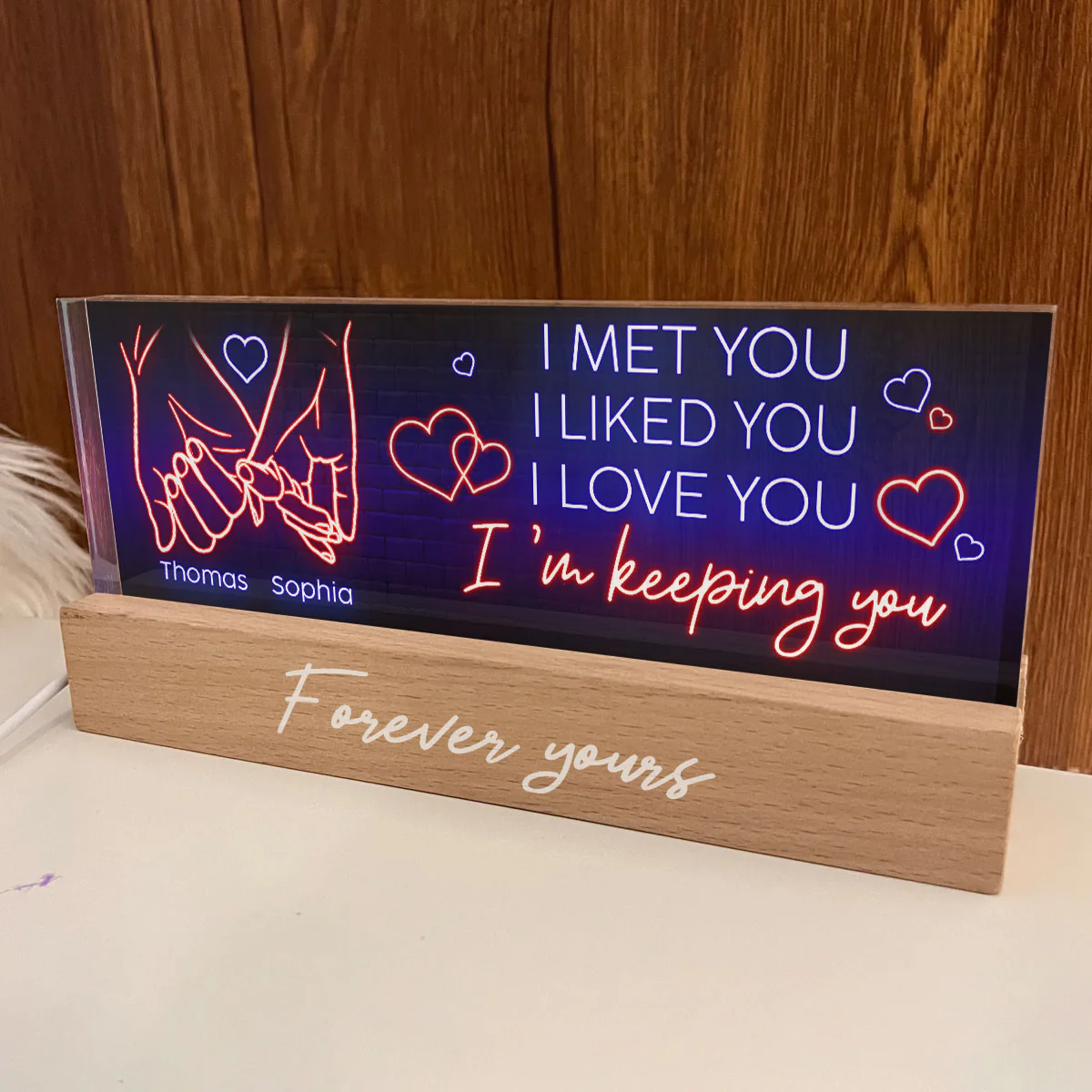 I Love You Forever Yours Couple Hand In Hand Outline Anniversary  Gift Personalized Acrylic Block LED Night Light - Image 6