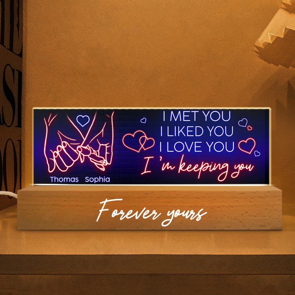 I Love You Forever Yours Couple Hand In Hand Outline Anniversary  Gift Personalized Acrylic Block LED Night Light - Image 8