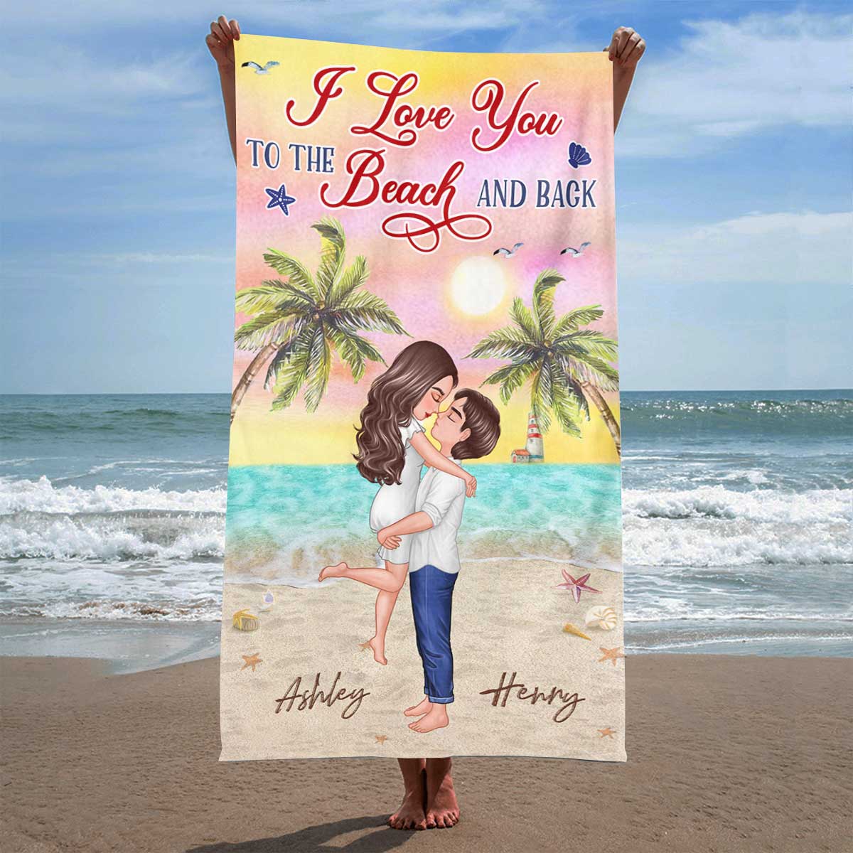 I Love You To The Beach & Back Summer Doll Couple Kissing Hugging Personalized Beach Towel - Image 2
