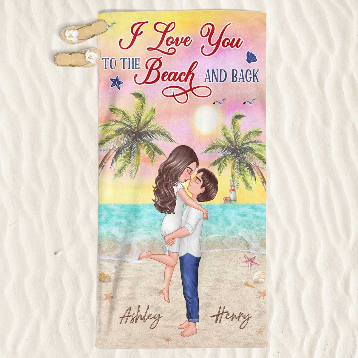 I Love You To The Beach & Back Summer Doll Couple Kissing Hugging Personalized Beach Towel - Image 3