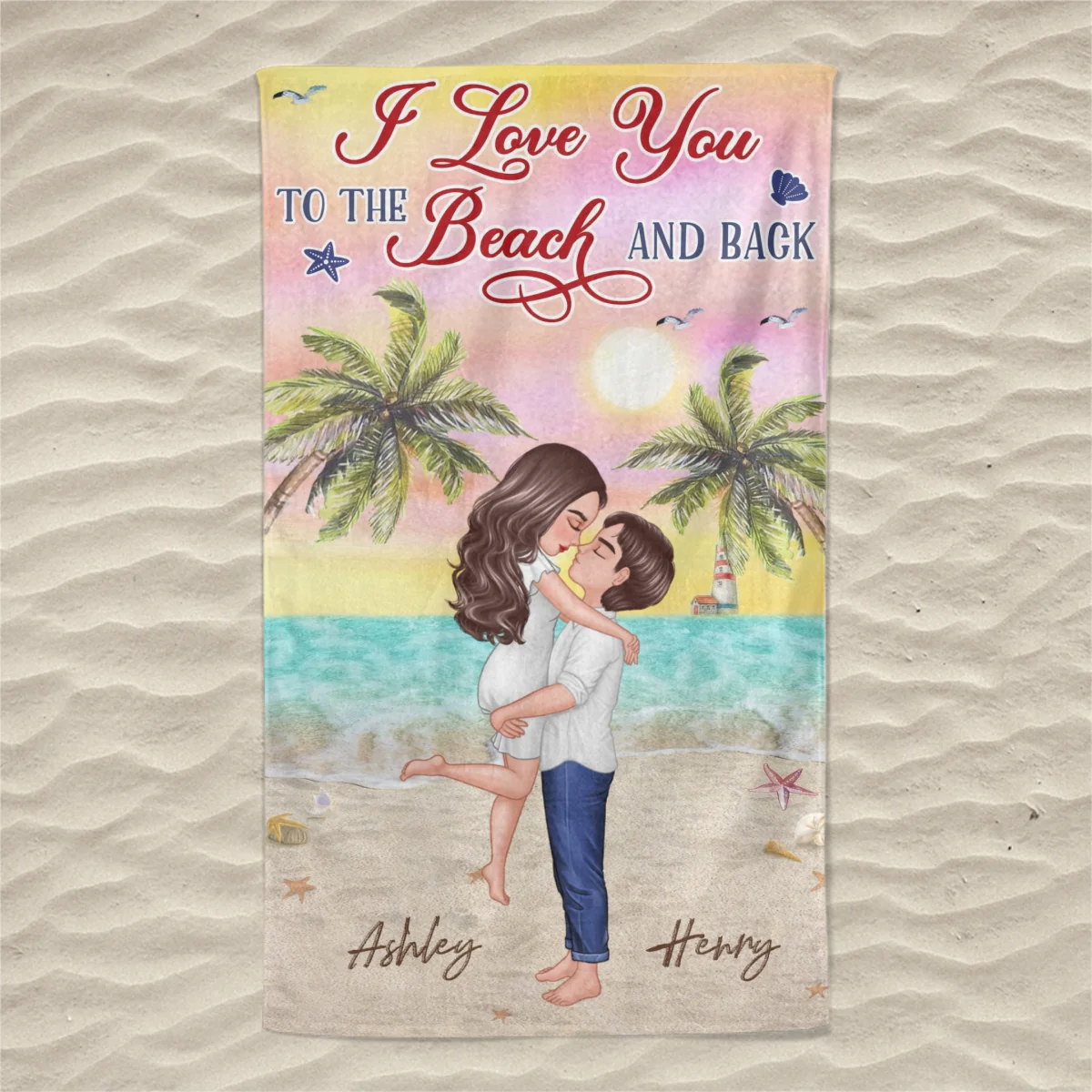 I Love You To The Beach & Back Summer Doll Couple Kissing Hugging Personalized Beach Towel - Image 4