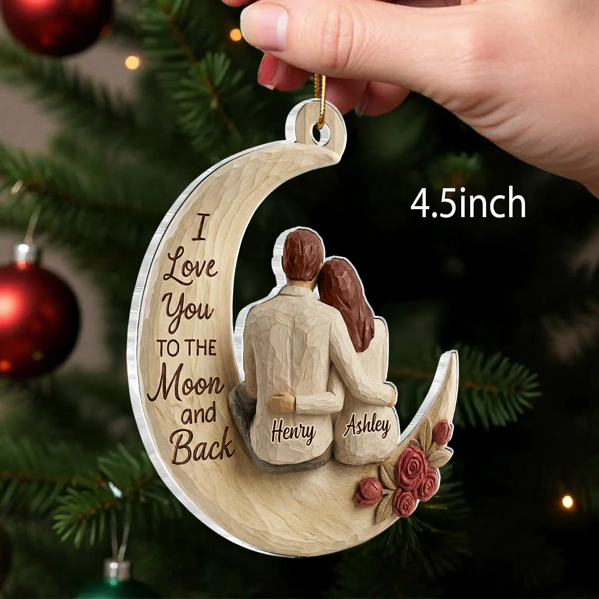I Love You To The Moon And Back Faux Wood - Personalized Acrylic Ornament - Heartwarming Christmas Gift For Him, For Her, For Couple - Image 2