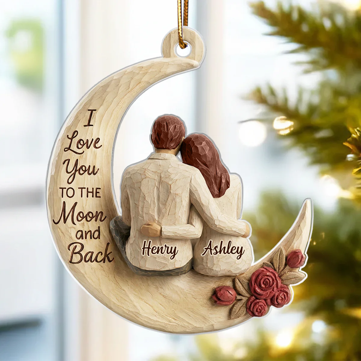I Love You To The Moon And Back Faux Wood - Personalized Acrylic Ornament - Heartwarming Christmas Gift For Him, For Her, For Couple - Image 4