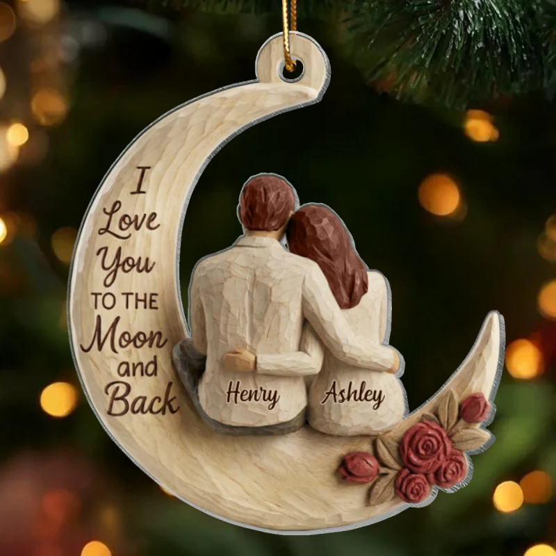 I Love You To The Moon And Back Faux Wood - Personalized Acrylic Ornament - Heartwarming Christmas Gift For Him, For Her, For Couple - Image 9