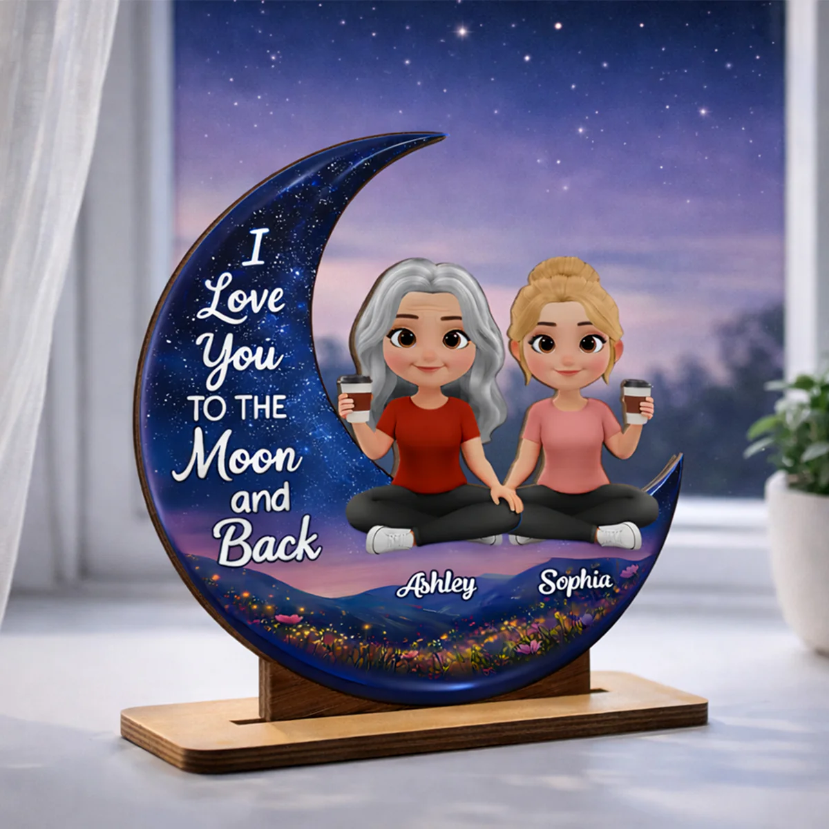 I Love You To The Moon And Back Mom Daughters - Personalized 2-Layered Wooden Plaque - Heartfelt Gift For Mom, Grandma