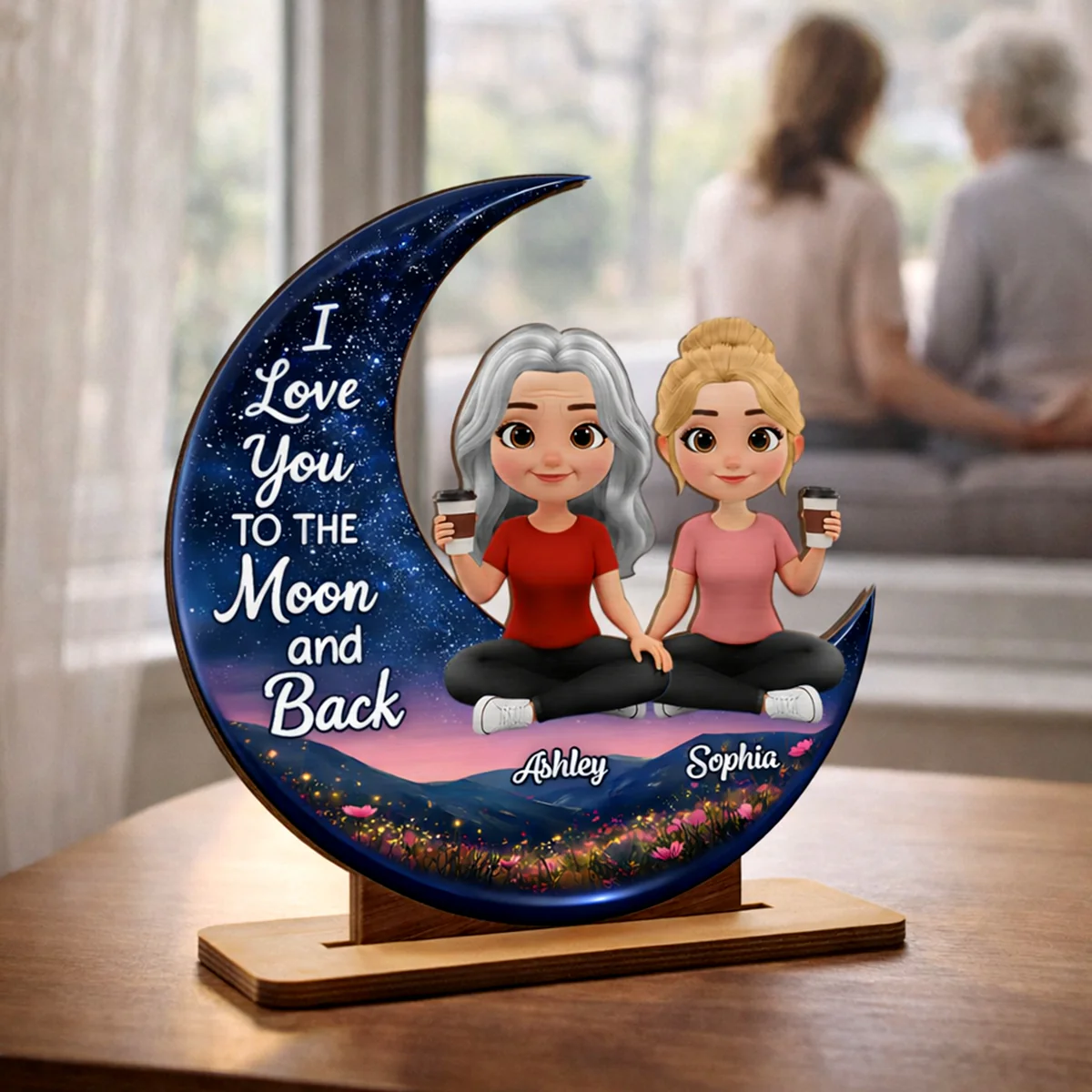 I Love You To The Moon And Back Mom Daughters - Personalized 2-Layered Wooden Plaque - Heartfelt Gift For Mom, Grandma - Image 2