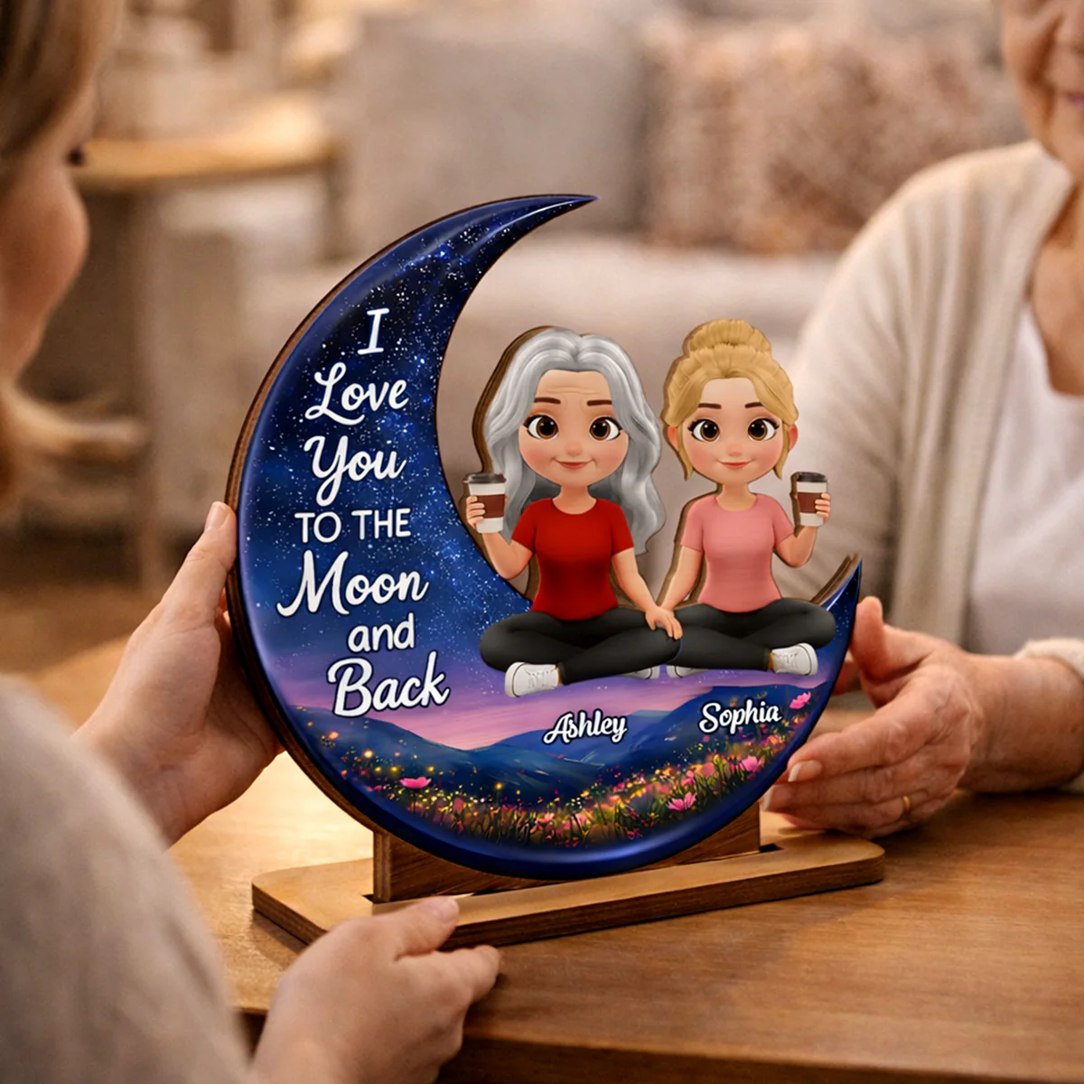 I Love You To The Moon And Back Mom Daughters - Personalized 2-Layered Wooden Plaque - Heartfelt Gift For Mom, Grandma - Image 3
