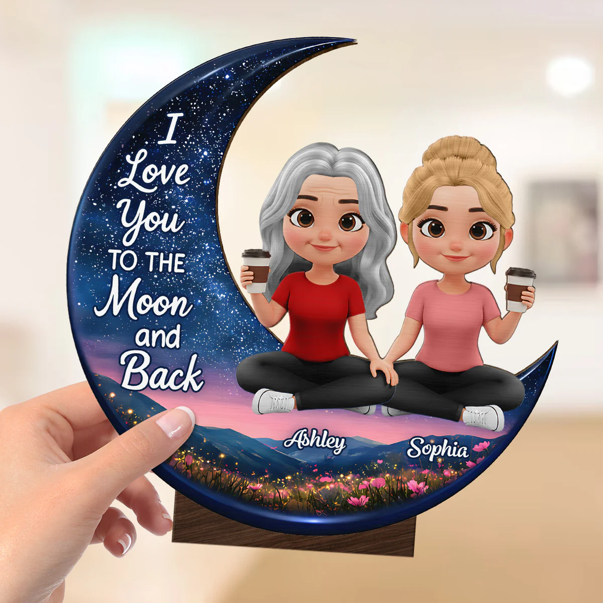 I Love You To The Moon And Back Mom Daughters - Personalized 2-Layered Wooden Plaque - Heartfelt Gift For Mom, Grandma - Image 4