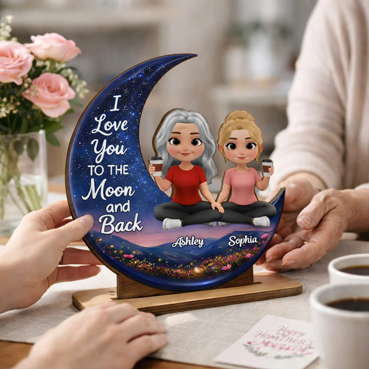 I Love You To The Moon And Back Mom Daughters - Personalized 2-Layered Wooden Plaque - Heartfelt Gift For Mom, Grandma - Image 5