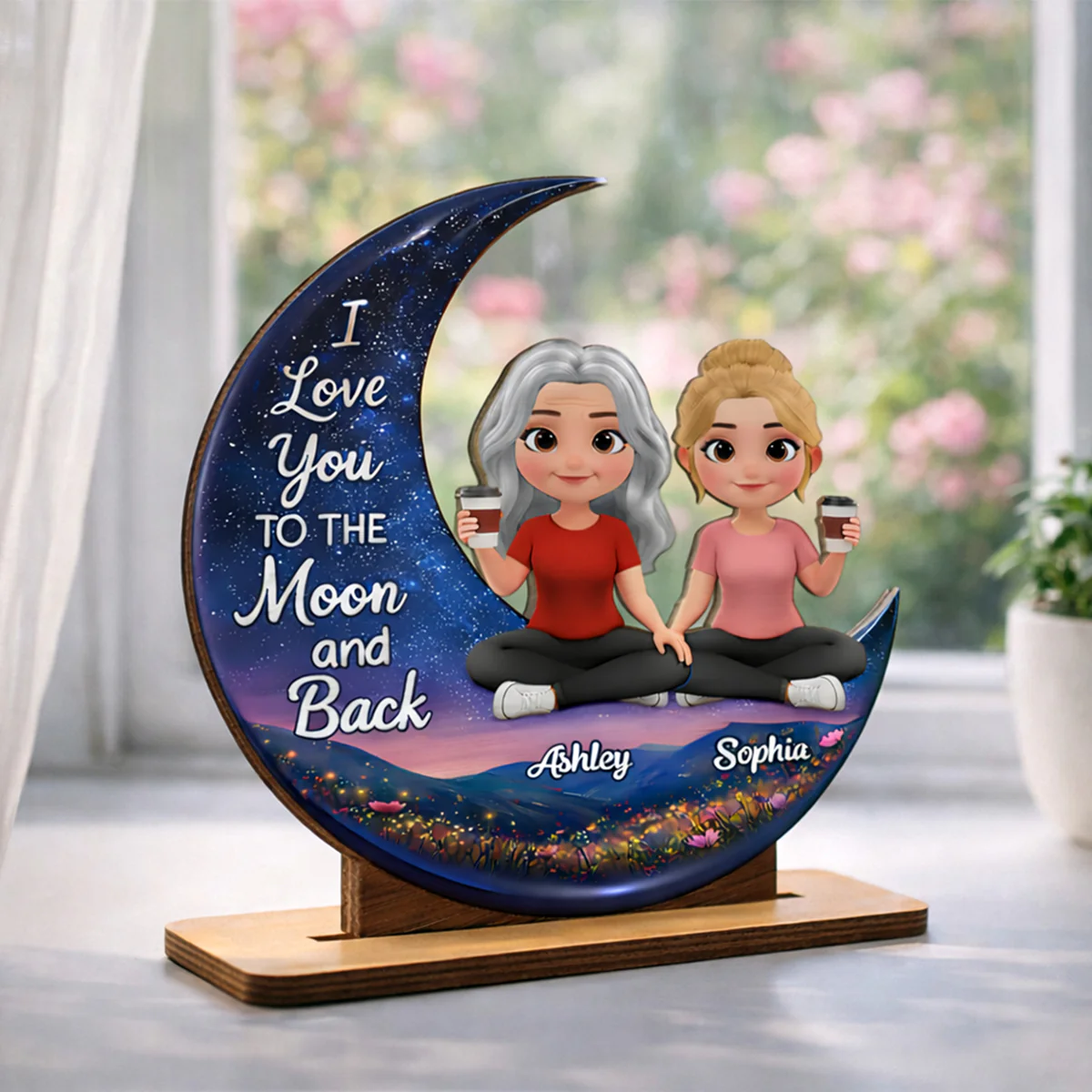 I Love You To The Moon And Back Mom Daughters - Personalized 2-Layered Wooden Plaque - Heartfelt Gift For Mom, Grandma - Image 6