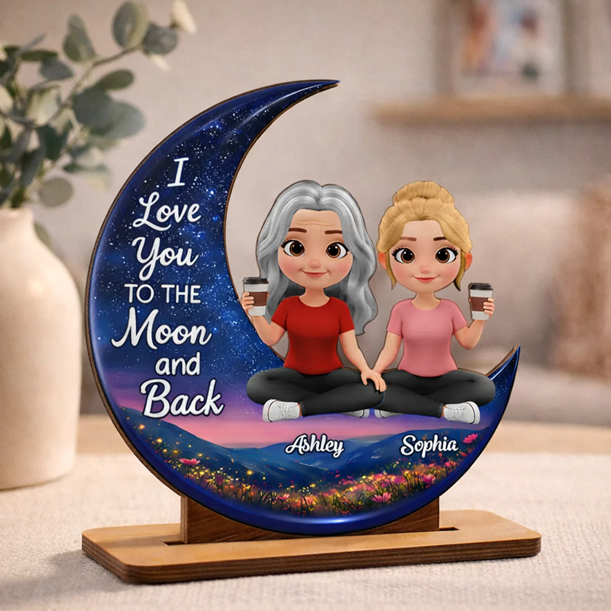 I Love You To The Moon And Back Mom Daughters - Personalized 2-Layered Wooden Plaque - Heartfelt Gift For Mom, Grandma - Image 7