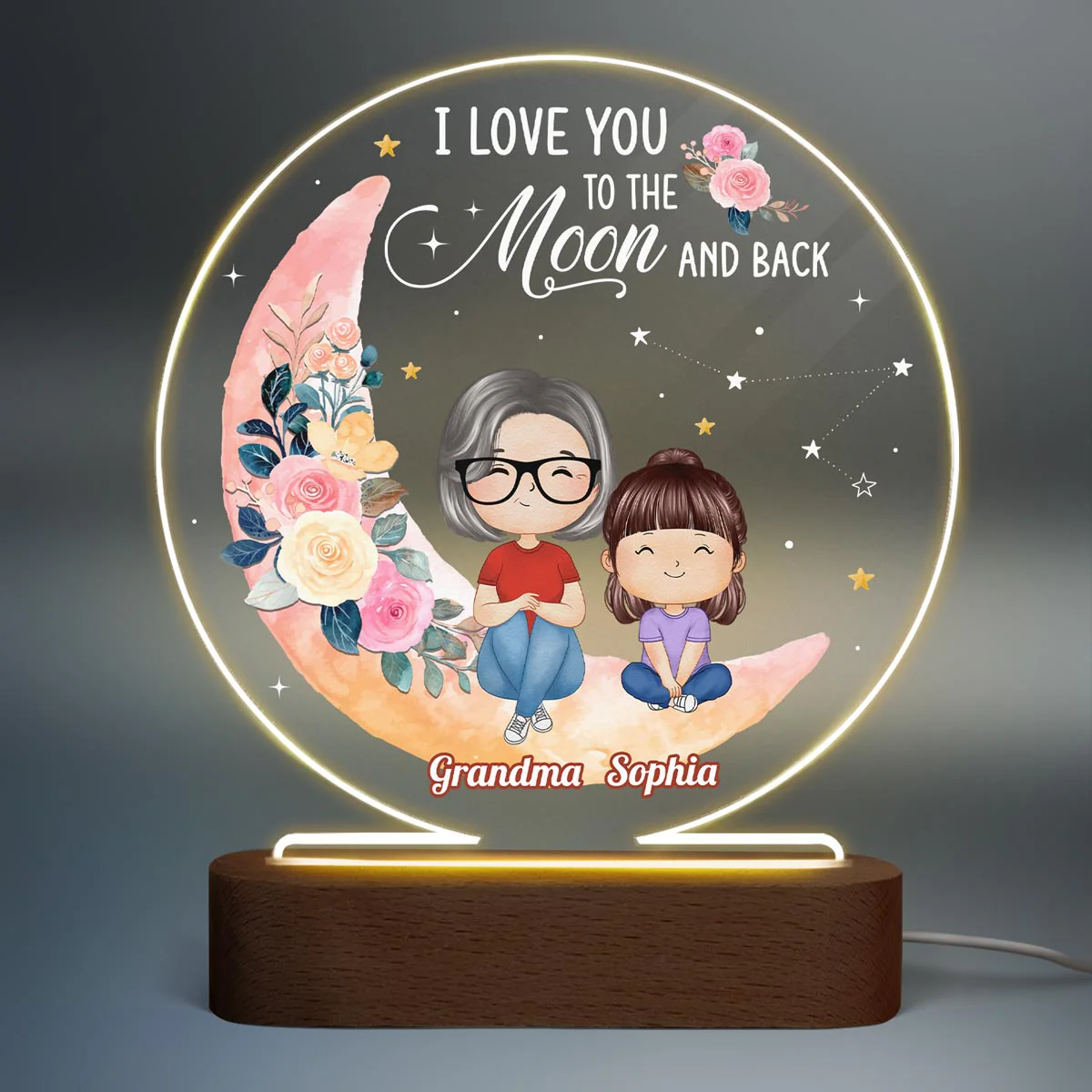 I Love You To The Moon And Back Moon Star And Flower Personalized Circle Acrylic Plaque LED Night Light - Image 2