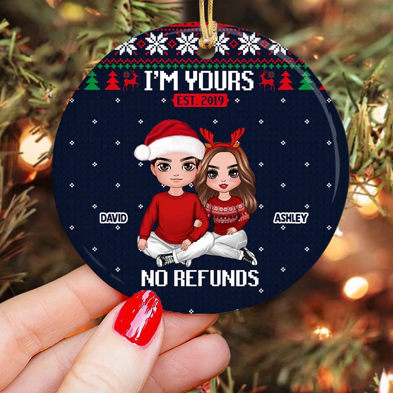 I‘m Yours Doll Couple Ugly Sweater Pattern Personalized Circle Ornament - Image 2