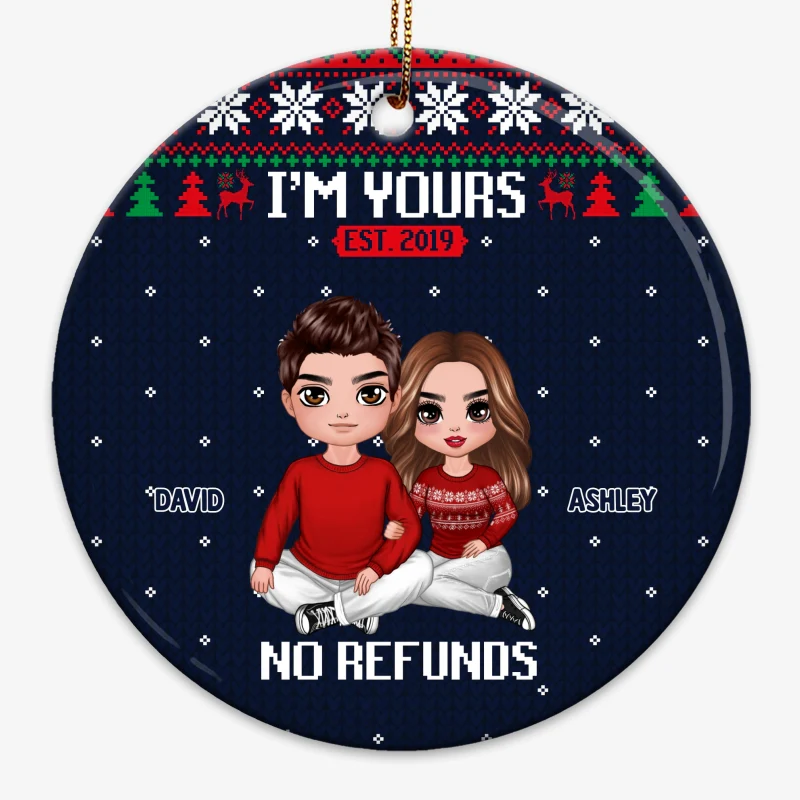 I‘m Yours Doll Couple Ugly Sweater Pattern Personalized Circle Ornament - Image 3
