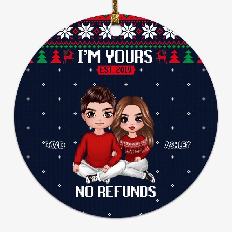 I‘m Yours Doll Couple Ugly Sweater Pattern Personalized Circle Ornament - Image 4