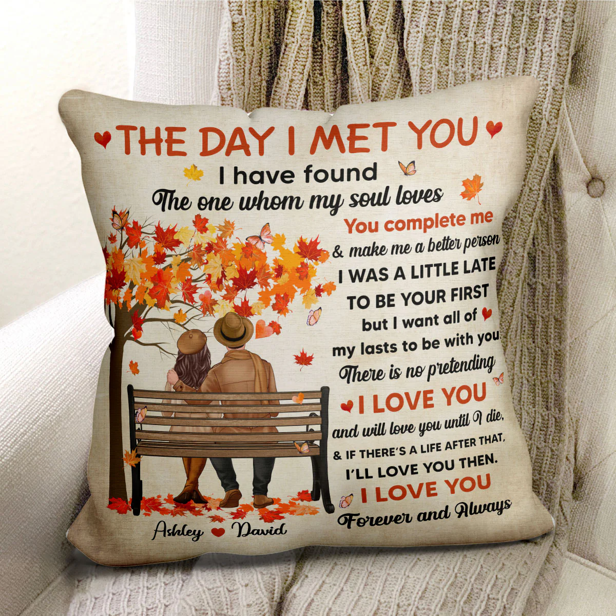 I Met You Couple Fall Season Couple On Bench Personalized Pillow - Image 2