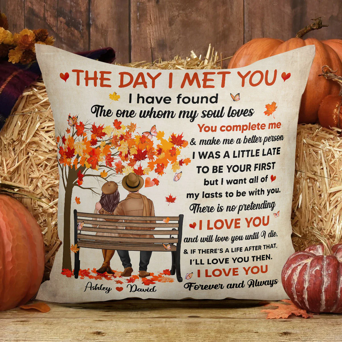 I Met You Couple Fall Season Couple On Bench Personalized Pillow - Image 3