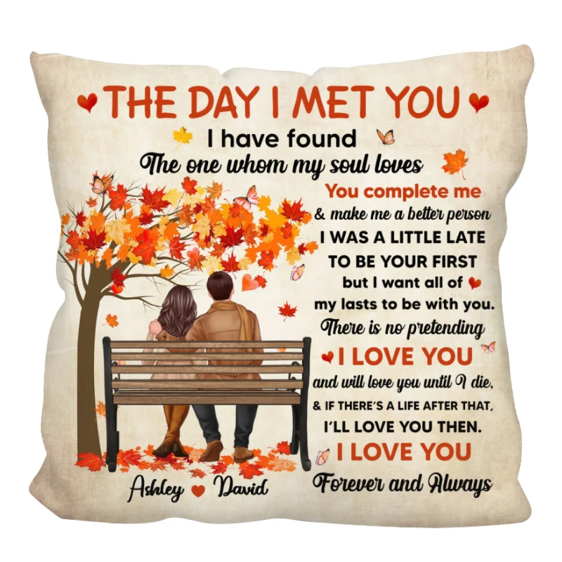 I Met You Couple Fall Season Couple On Bench Personalized Pillow - Image 4