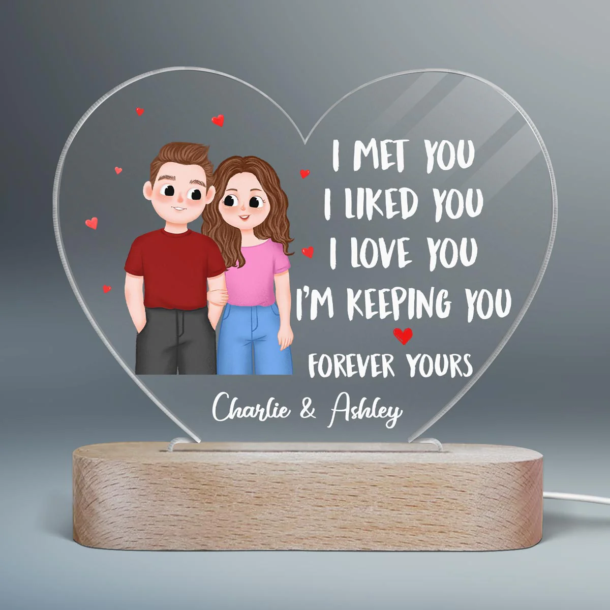 I Met You Cute Illustration Couple Gift For Him For Her Personalized Acrylic Heart Plaque LED Night Light - Image 2
