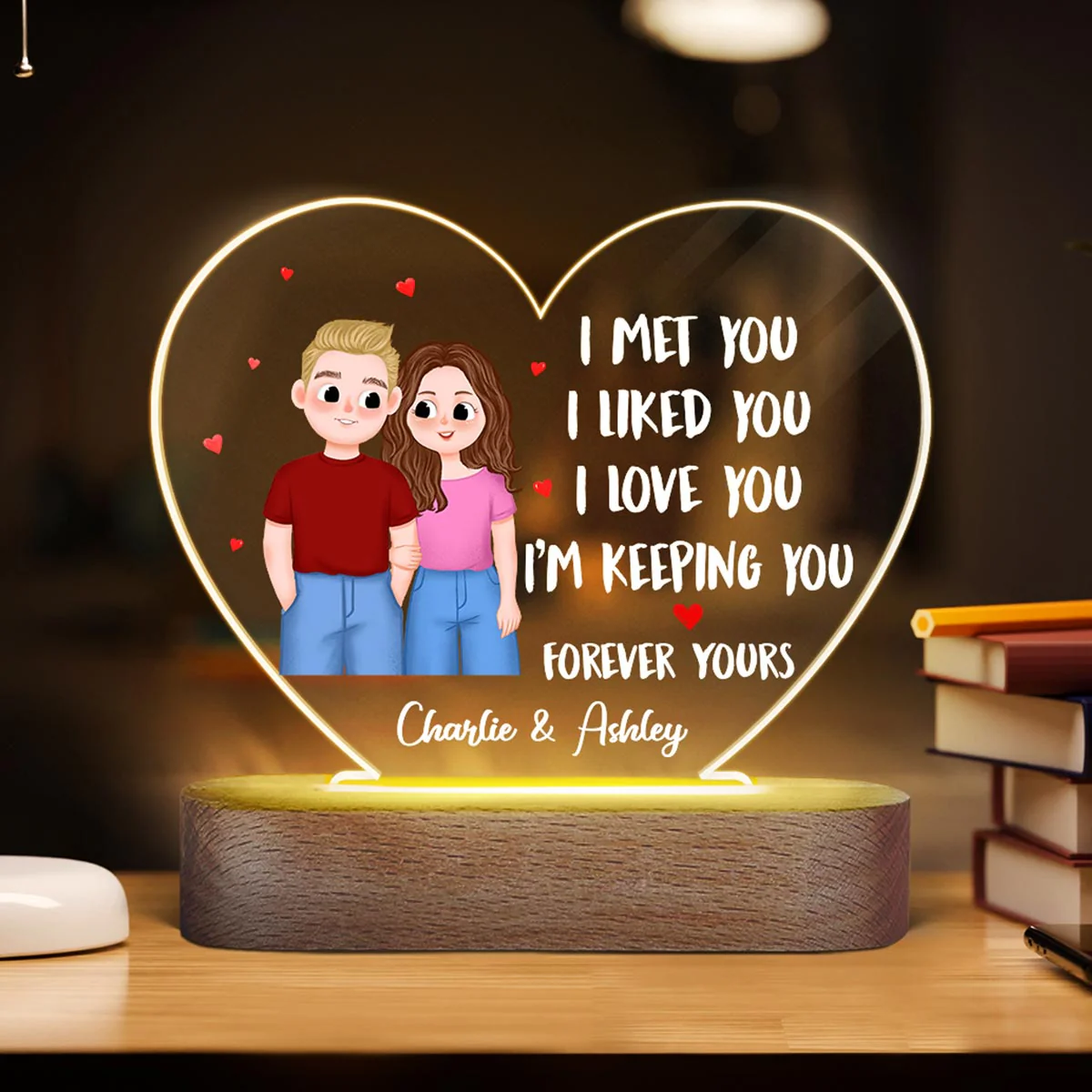 I Met You Cute Illustration Couple Gift For Him For Her Personalized Acrylic Heart Plaque LED Night Light - Image 3