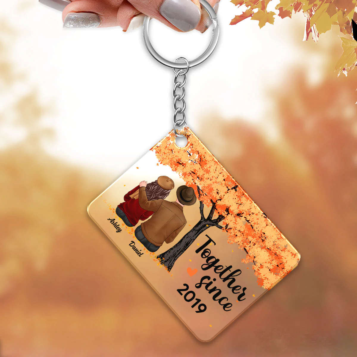 I Met You I Love You Fall Season Couple Under Tree Personalized Acrylic Keychain - Image 3