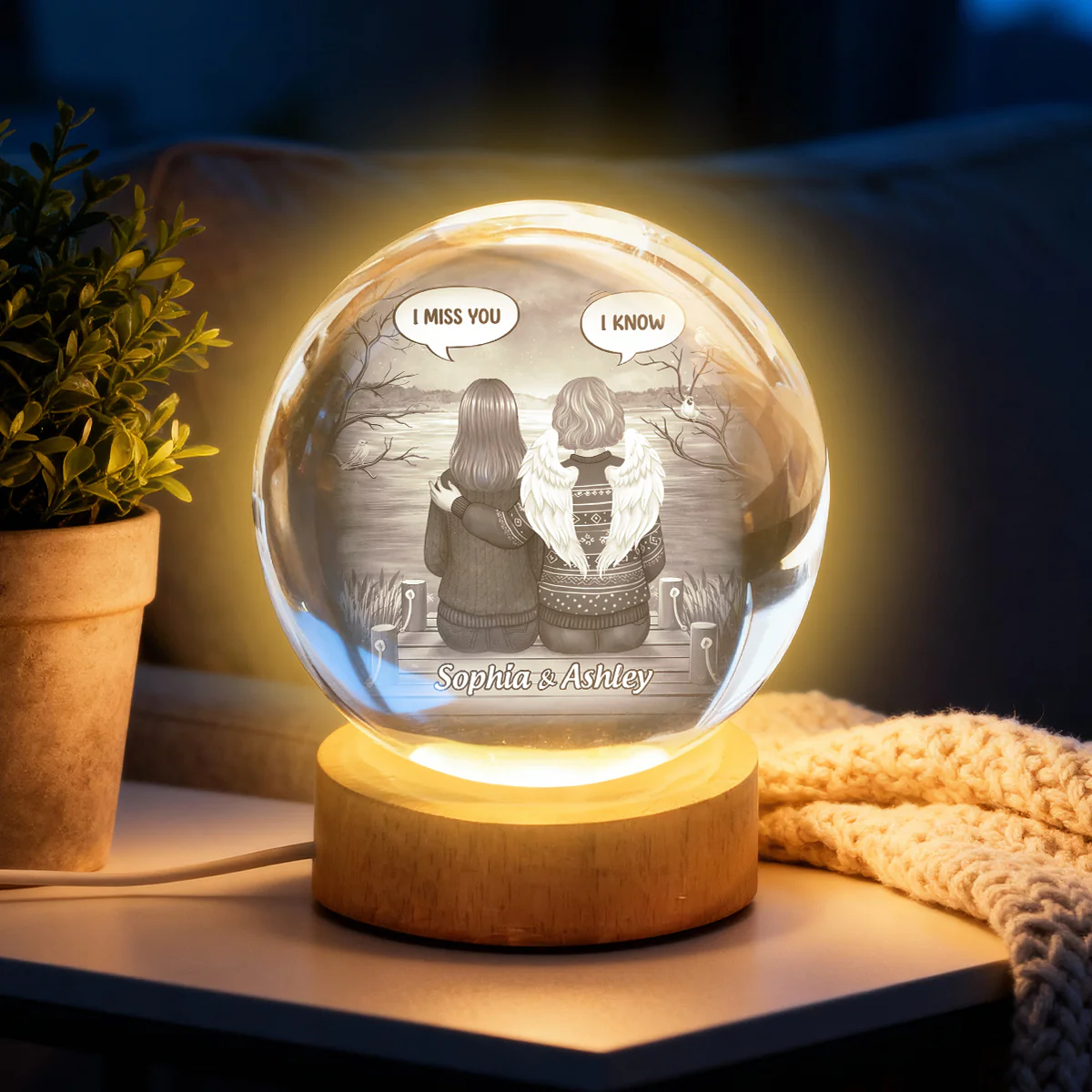 I Miss You Back View Memorial - Personalized Crystal Ball LED Night Light - Memorial Sympathy Gift - Image 2