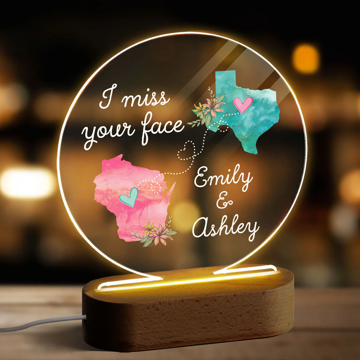 I Miss Your Face Long Distance Gift For Friends Family Personalized Circle Acrylic Plaque LED Lamp Night Light - Image 3