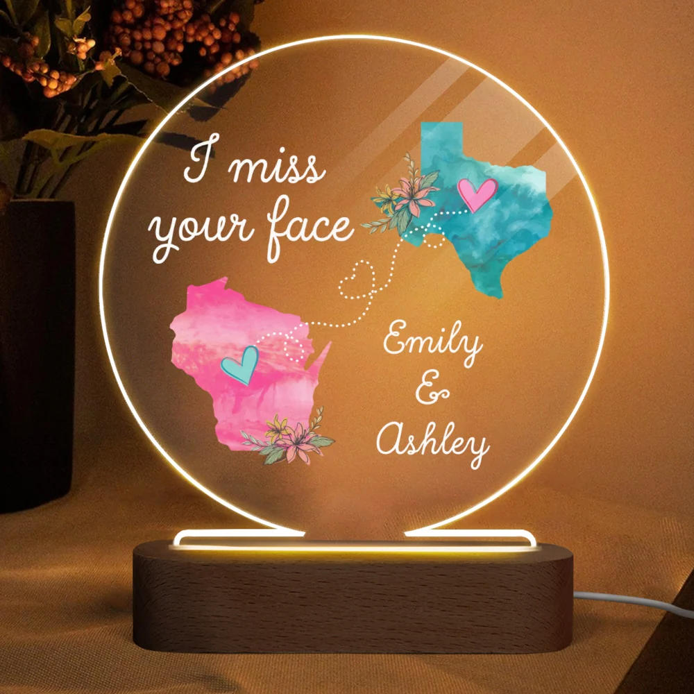 I Miss Your Face Long Distance Gift For Friends Family Personalized Circle Acrylic Plaque LED Lamp Night Light - Image 4