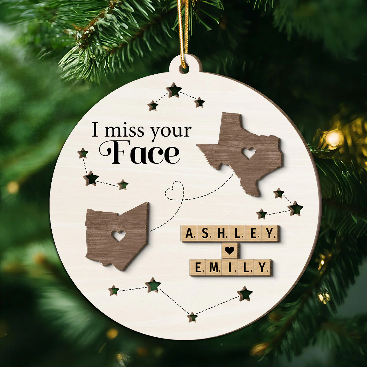 I Miss Your Face Long Distance State Maps Wooden Blocks Personalized 2-Layer Wooden Ornament, Christmas Gift For Besties, Couple, Family