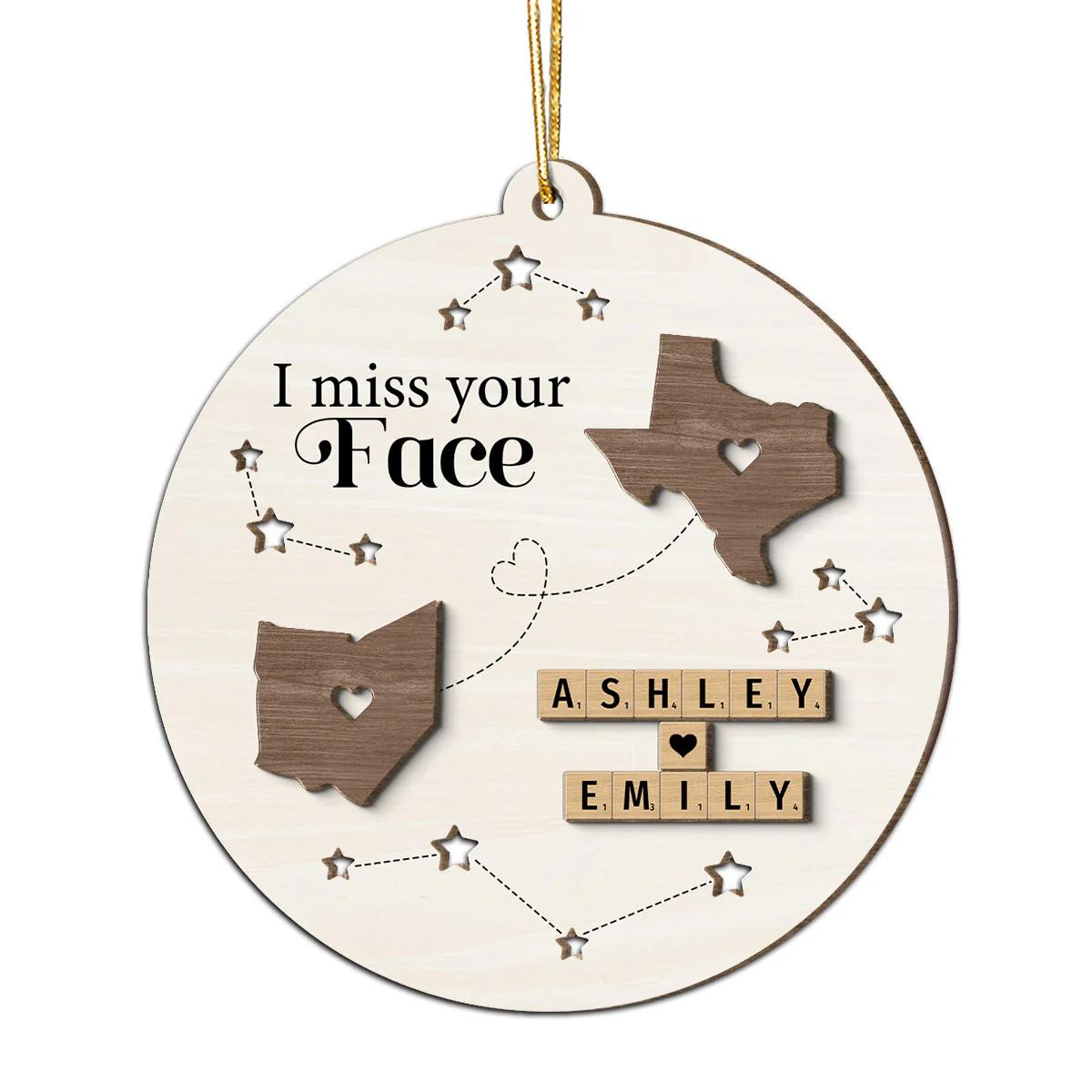 I Miss Your Face Long Distance State Maps Wooden Blocks Personalized 2-Layer Wooden Ornament, Christmas Gift For Besties, Couple, Family - Image 2