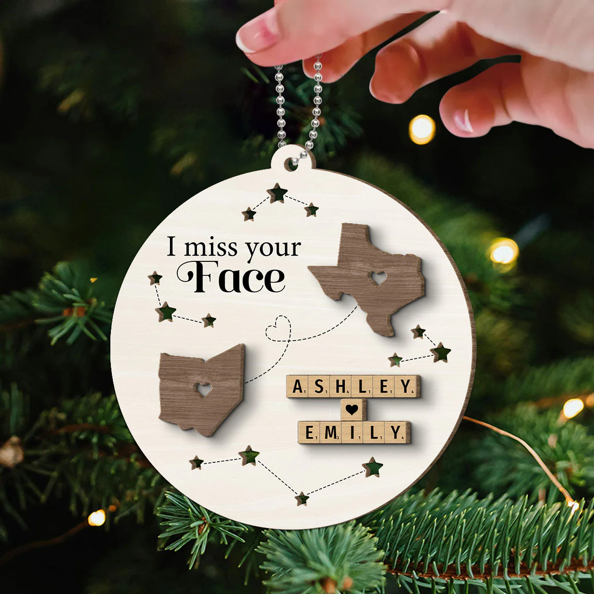 I Miss Your Face Long Distance State Maps Wooden Blocks Personalized 2-Layer Wooden Ornament, Christmas Gift For Besties, Couple, Family - Image 3
