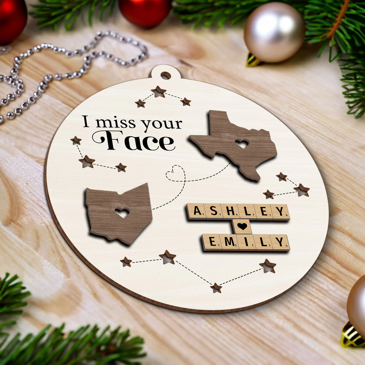 I Miss Your Face Long Distance State Maps Wooden Blocks Personalized 2-Layer Wooden Ornament, Christmas Gift For Besties, Couple, Family - Image 4