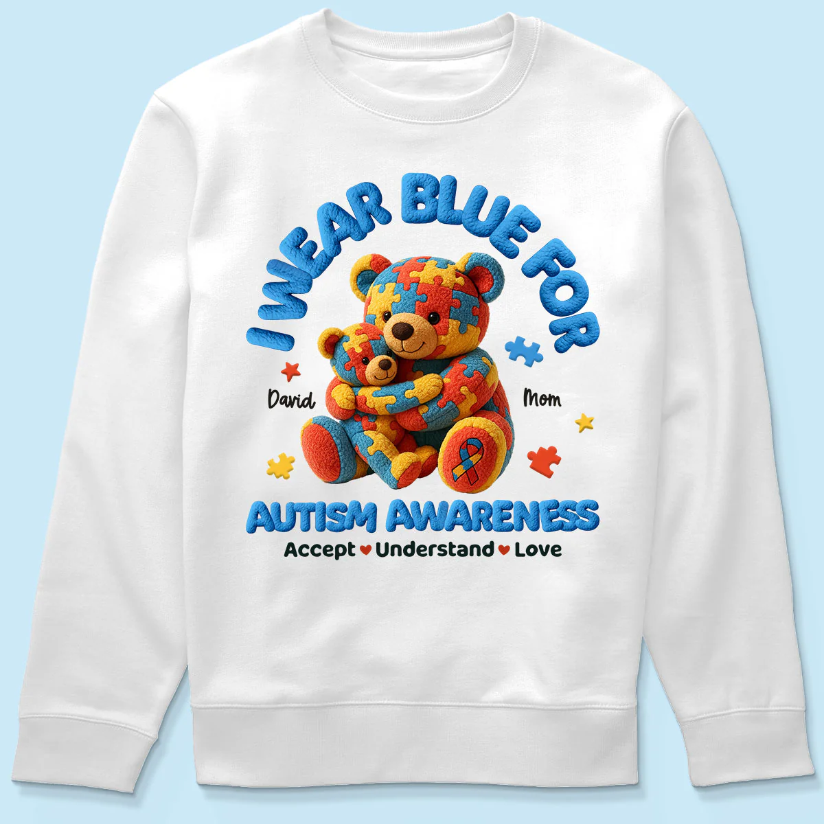 I Wear Blue For Autism Awareness Bear Mom & Kid Personalized Shirt - Image 7