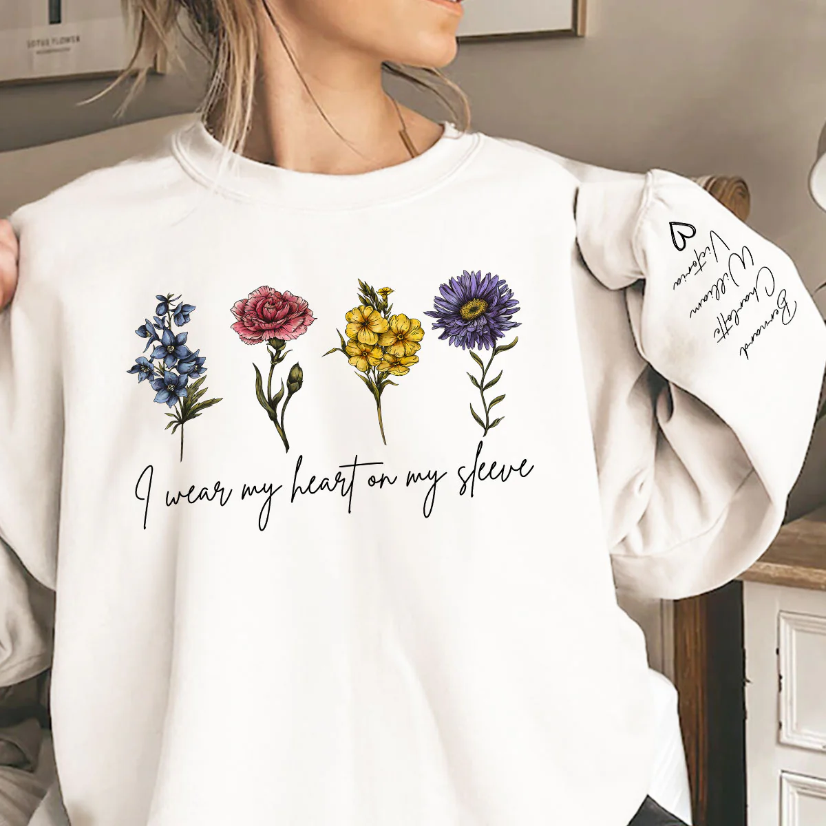 I Wear My Hearts On My Sleeve Birth Month Flower Personalized Sleeve Printed Sweatshirt - Image 2