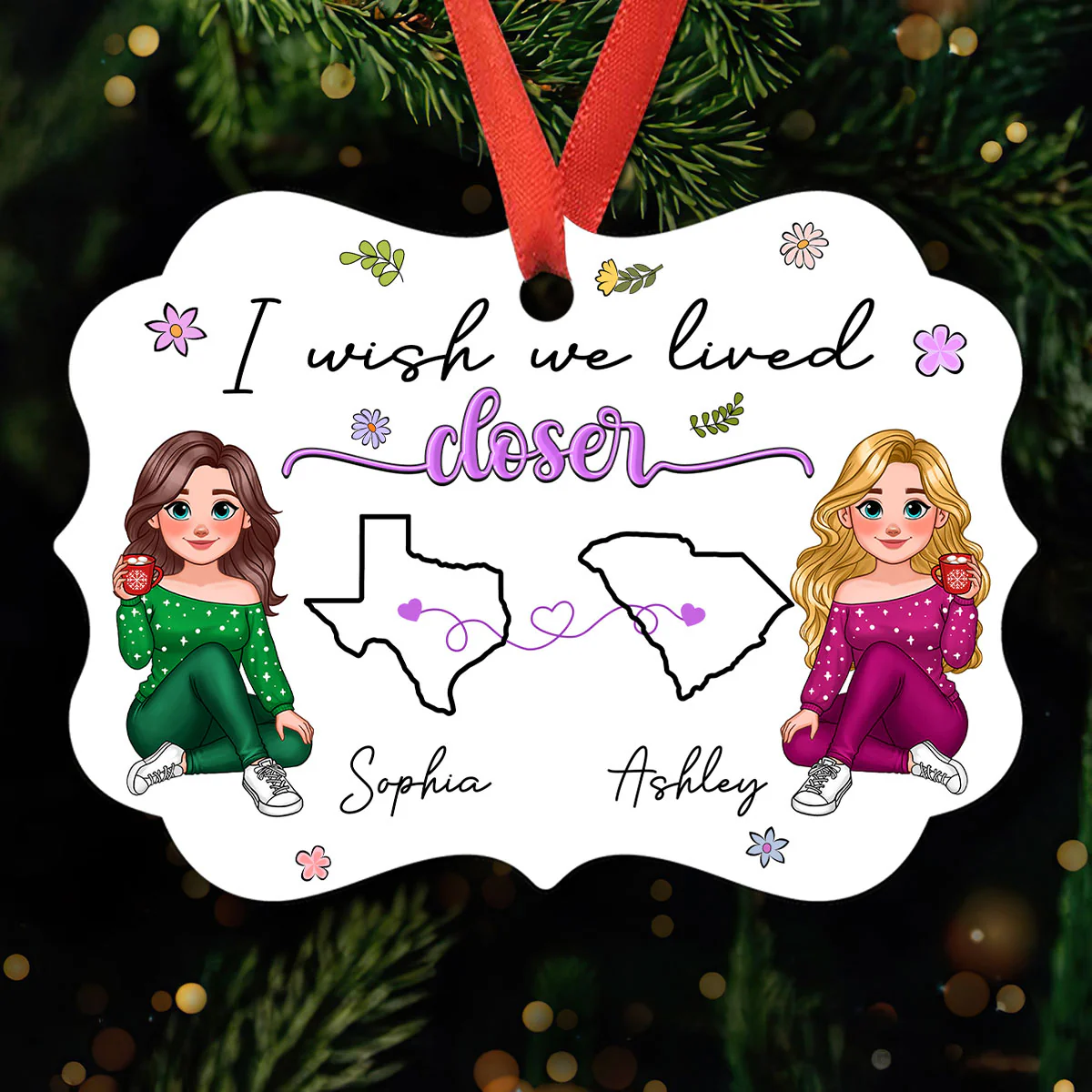 I Wish We Lived Closer Long Distance Animated Besties Personalized Aluminum Ornament, Christmas Gift For Best Friends