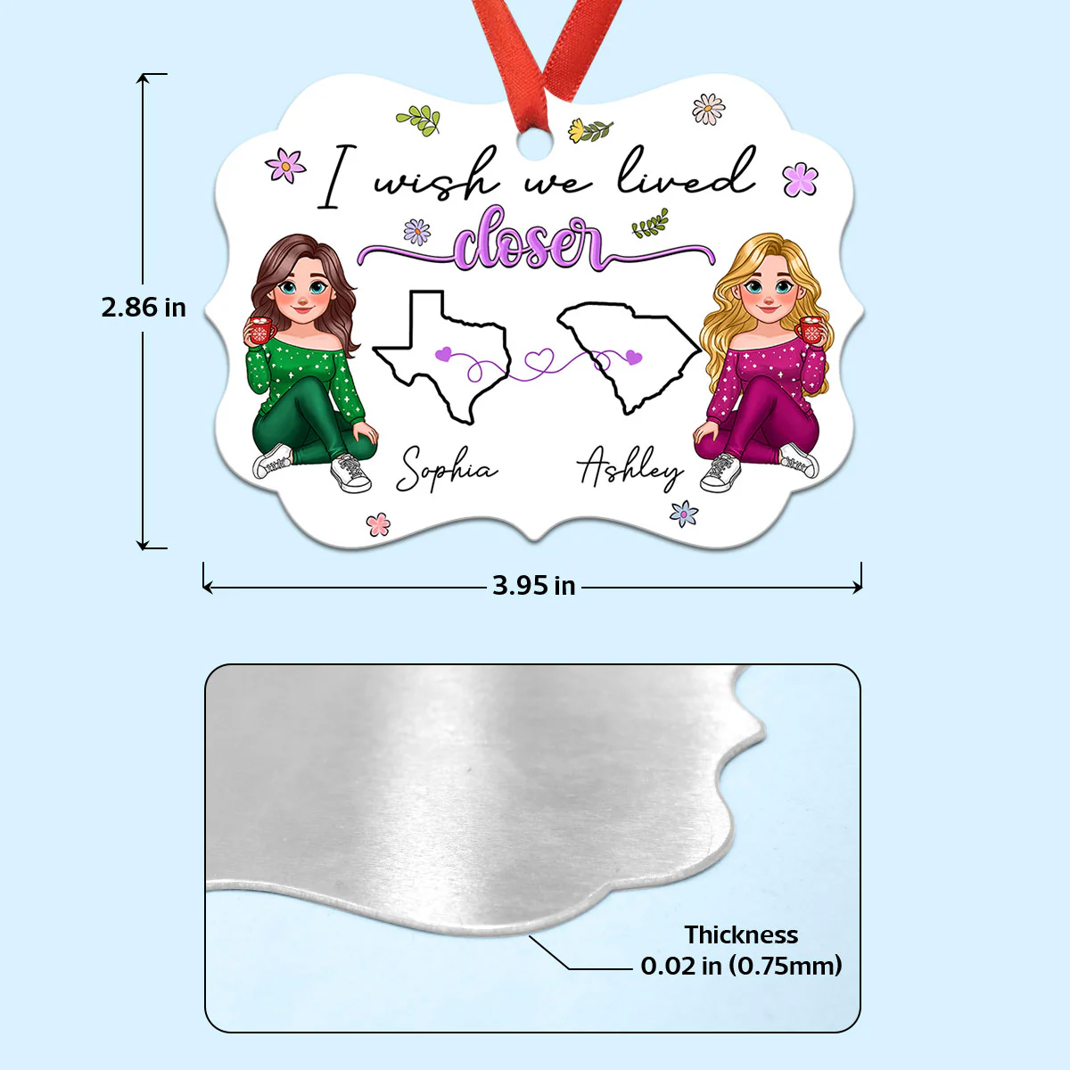 I Wish We Lived Closer Long Distance Animated Besties Personalized Aluminum Ornament, Christmas Gift For Best Friends - Image 4