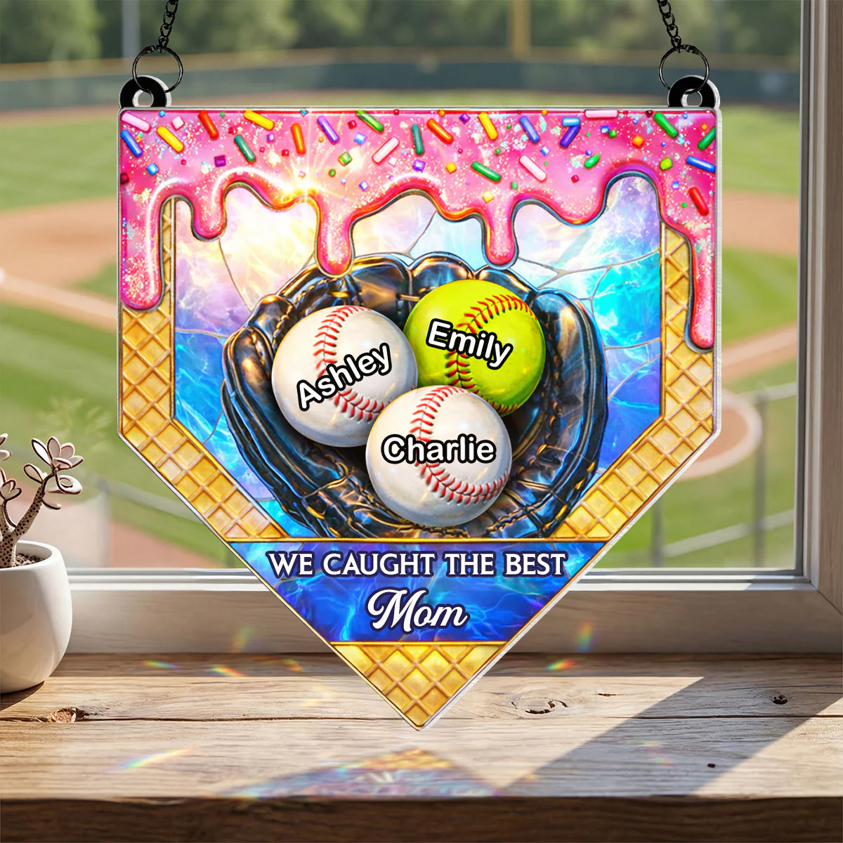 Icecream Drip Baseball We Caught the Best Mom - Personalized Suncatcher - Mother's Day Gift for Mom, Wife - Image 5