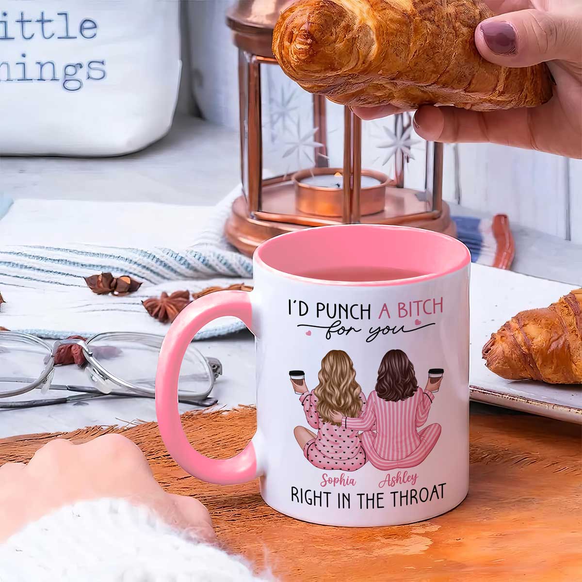 Besties In Pink Pajamas, I'd Punch A Bitch For You Personalized Mug, Funny Christmas, New Year Gift, Galentine's Day Gift For Best Friends - Image 6