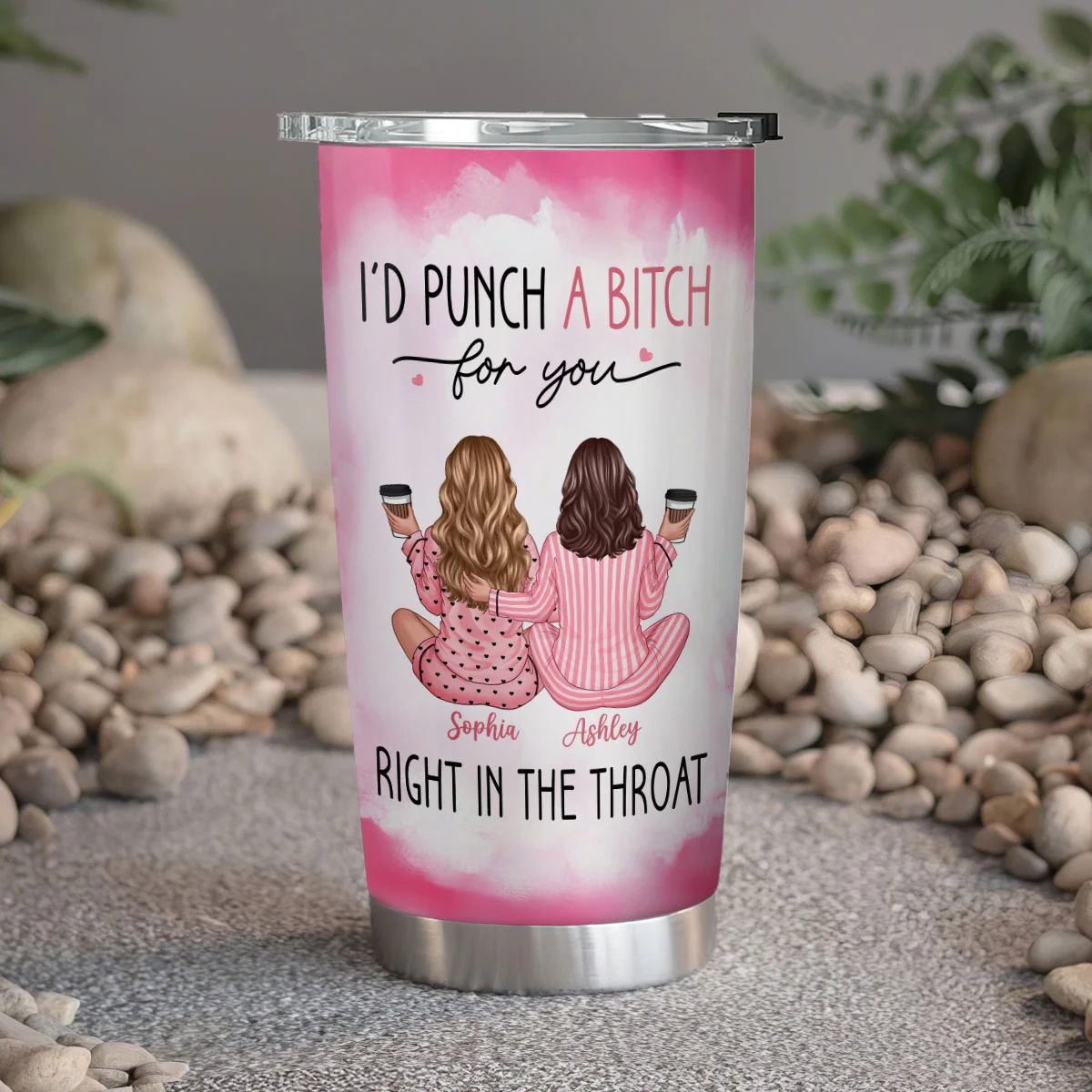 I'd Punch A Bitch For You Back View Pink Pajamas Besties Personalized Tumbler, Funny Gift For Best Friends, BFF - Image 5