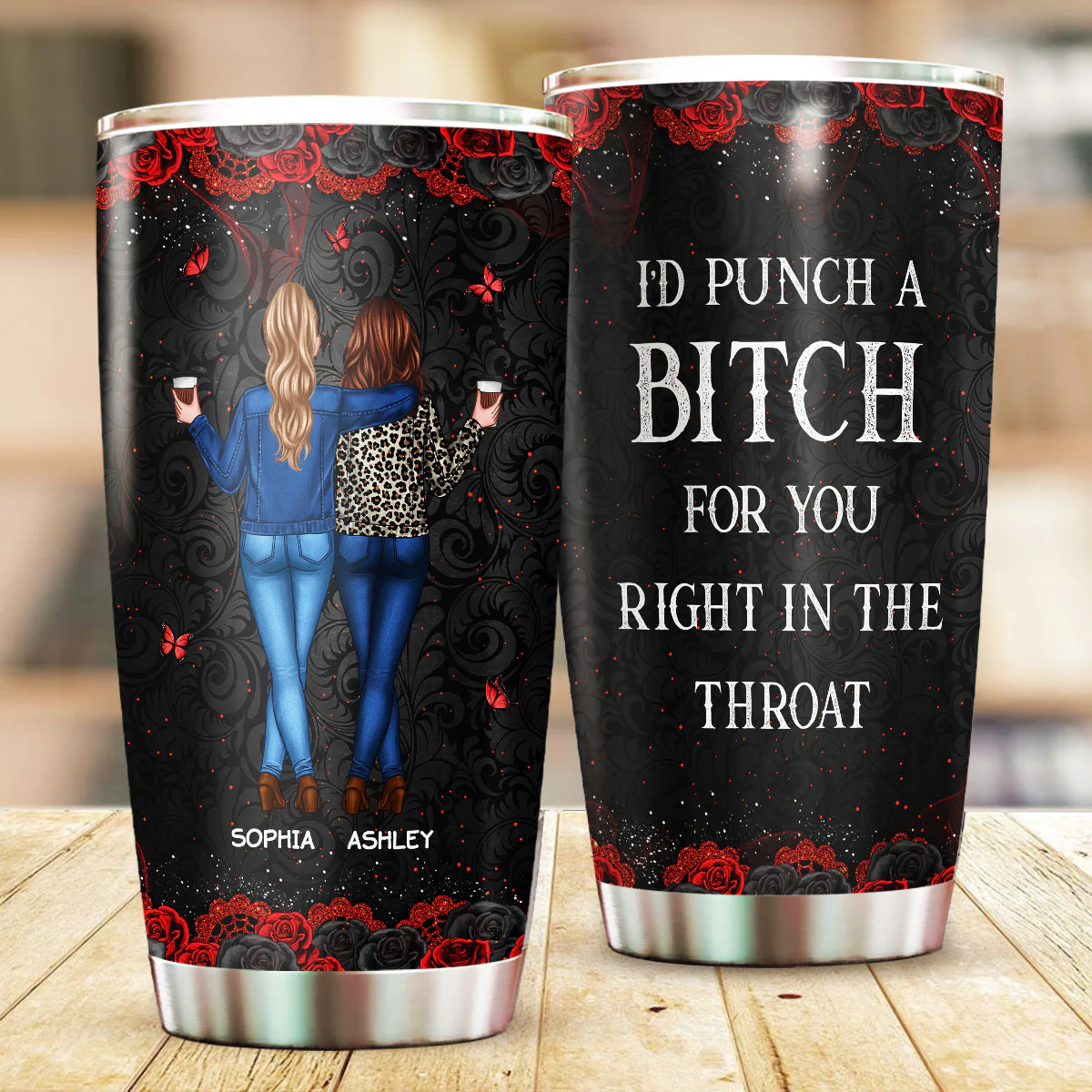 I'd Punch A Bitch For You Gift For Besties Black & Red Roses Personalized Tumbler - Image 2