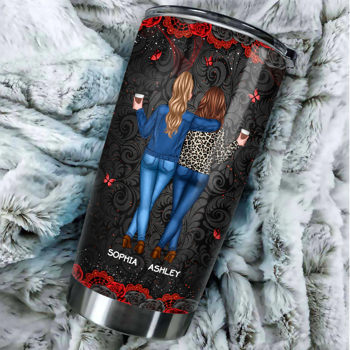 I'd Punch A Bitch For You Gift For Besties Black & Red Roses Personalized Tumbler - Image 7