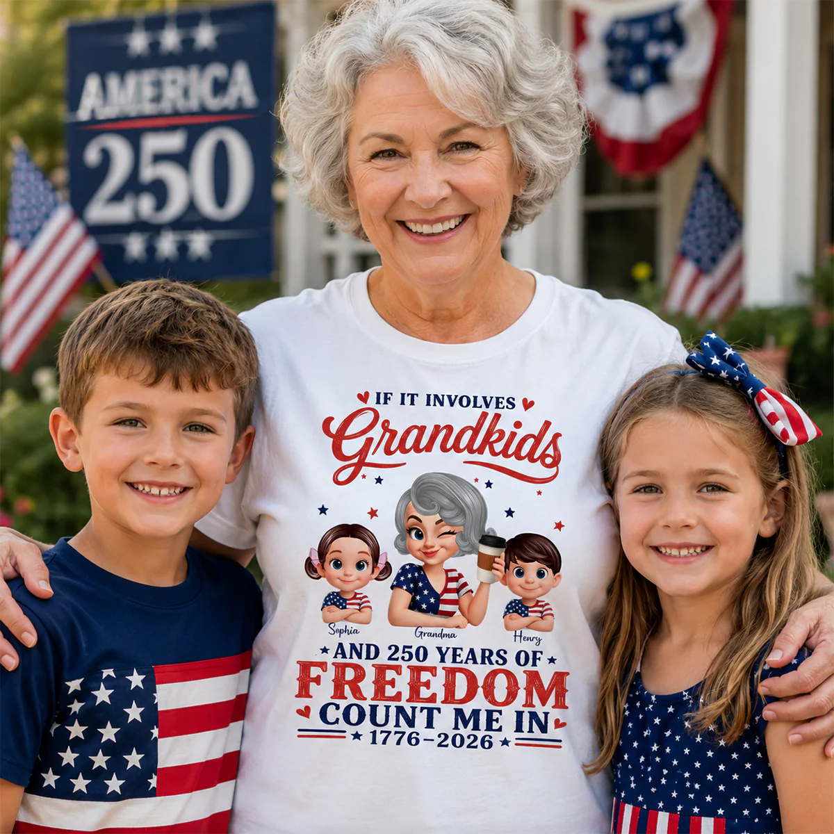 If It Involves Grandkids and 250 Years of Freedom, Count Me in - Personalized Shirt - Patriotic Gift for Grandma - Image 4