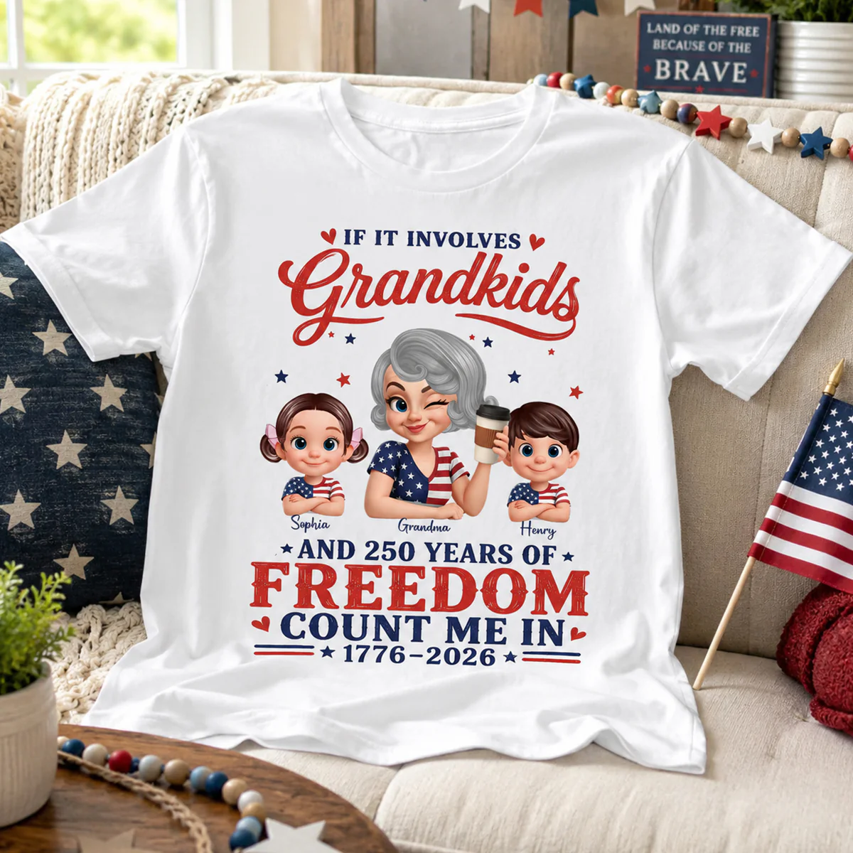 If It Involves Grandkids and 250 Years of Freedom, Count Me in - Personalized Shirt - Patriotic Gift for Grandma - Image 5