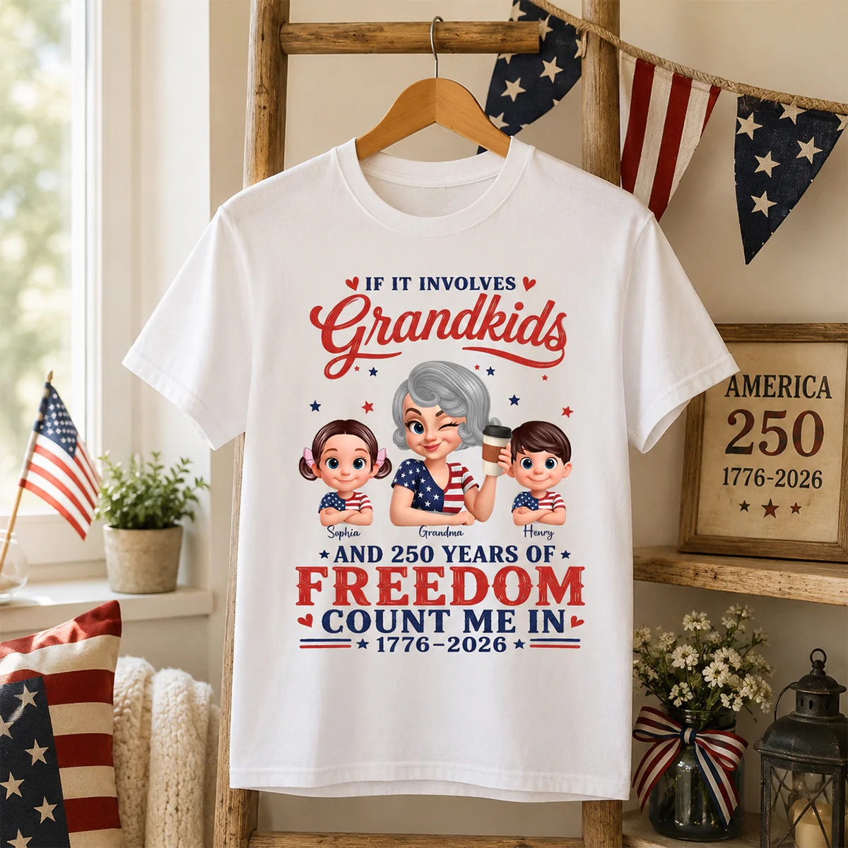 If It Involves Grandkids and 250 Years of Freedom, Count Me in - Personalized Shirt - Patriotic Gift for Grandma - Image 6