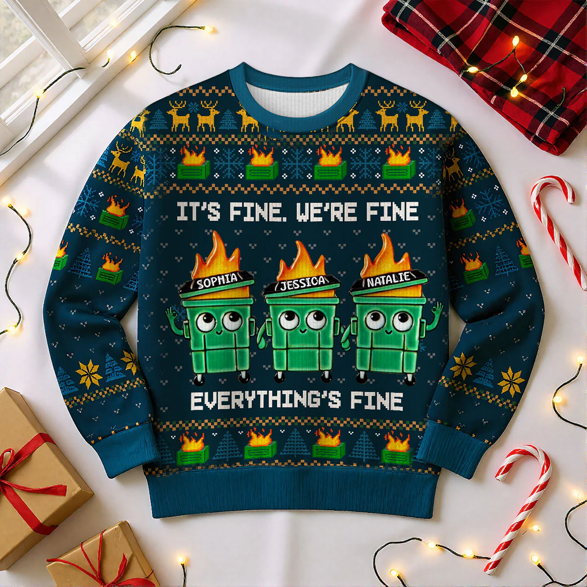 I'm Fine Everything Is Fine Dumpster Fire Funny Office Staff - Personalized Faux Knitting Ugly Sweater - Christmas Costume - Image 10