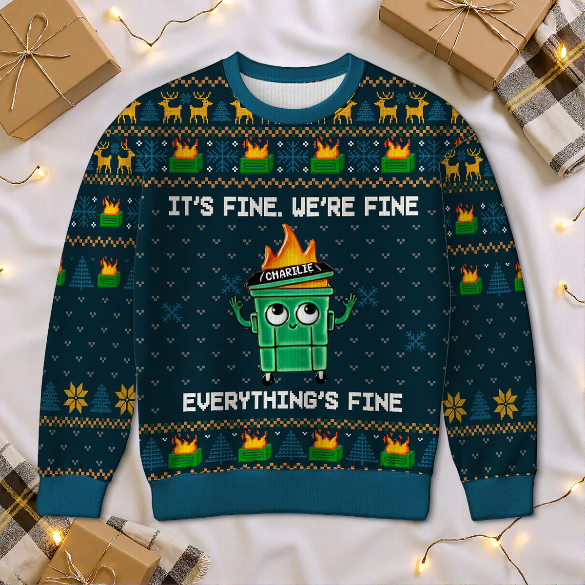 I'm Fine Everything Is Fine Dumpster Fire Funny Office Staff - Personalized Faux Knitting Ugly Sweater - Christmas Costume - Image 11