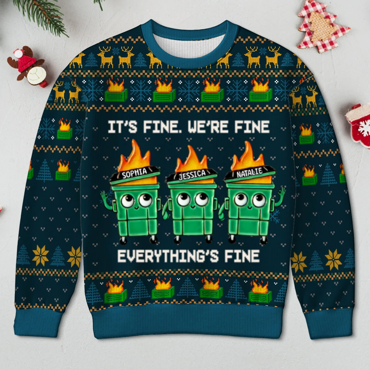 I'm Fine Everything Is Fine Dumpster Fire Funny Office Staff - Personalized Faux Knitting Ugly Sweater - Christmas Costume - Image 13