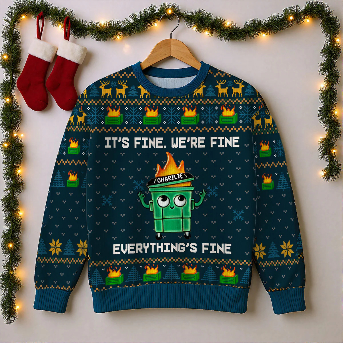 I'm Fine Everything Is Fine Dumpster Fire Funny Office Staff - Personalized Faux Knitting Ugly Sweater - Christmas Costume - Image 2